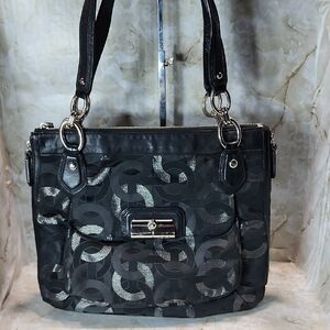 Coach Sig Kristin Metallic Zip Bag Tote Shoulder Bag Black/Silver
